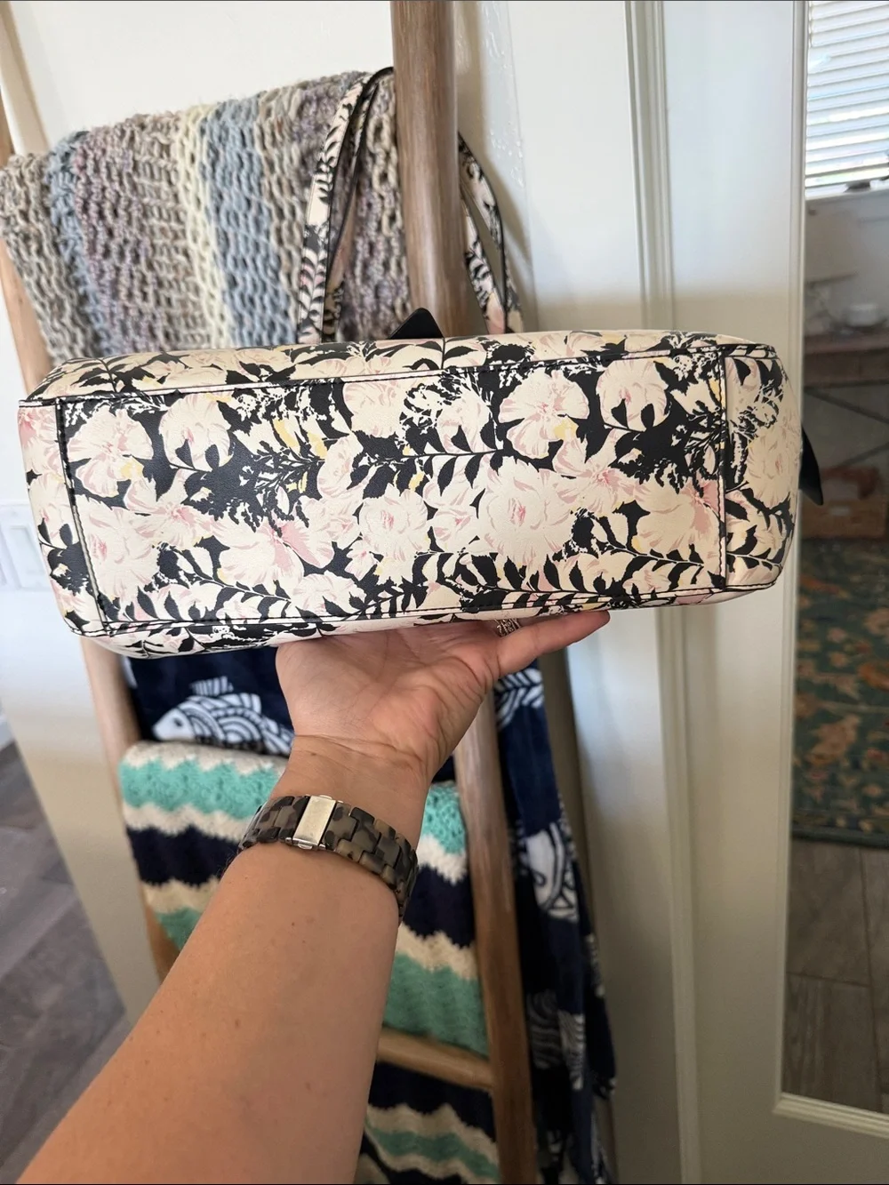 Karl Lagerfeld Black and Pink Floral Tote with Signature Bow